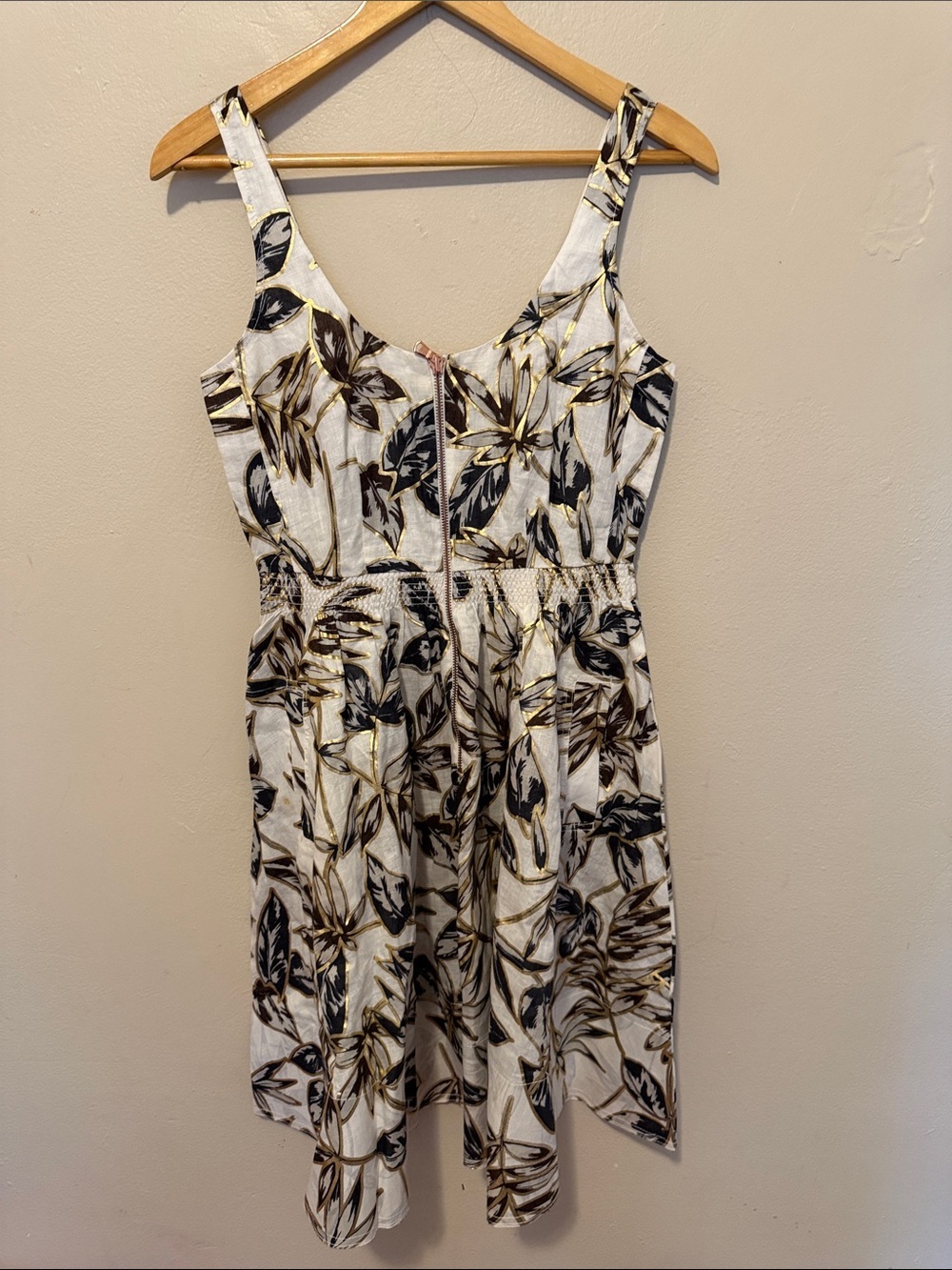 J. Crew White Midi Dress with Navy and Gold Leaf Pattern